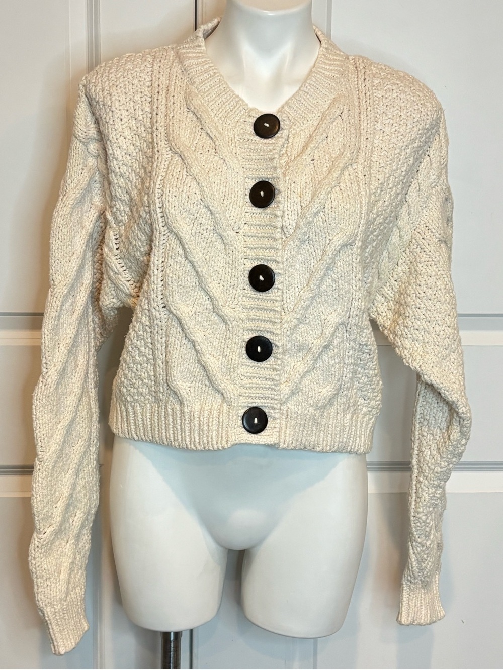 Free People Ivory Bonfire Cable Knit Chunky Button Cardigan Sweater L